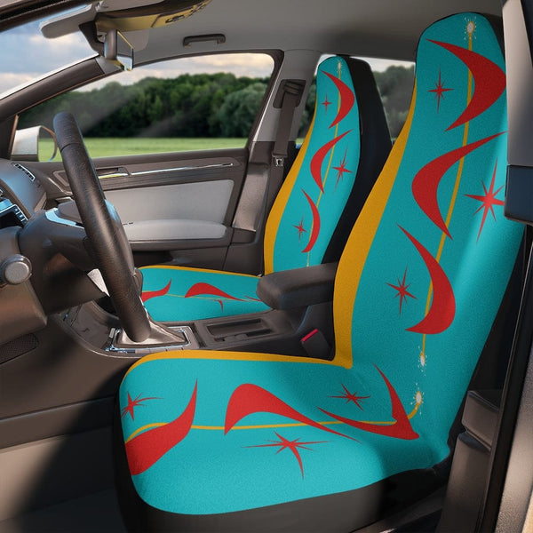 Mid Mod, Atomic Boomerang Turquoise Blue, Red, Retro Car Seat Covers