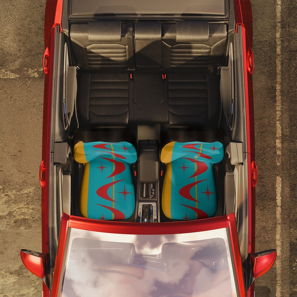 Mid Mod, Atomic Boomerang Turquoise Blue, Red, Retro Car Seat Covers 48.03" × 18.50" / Black
