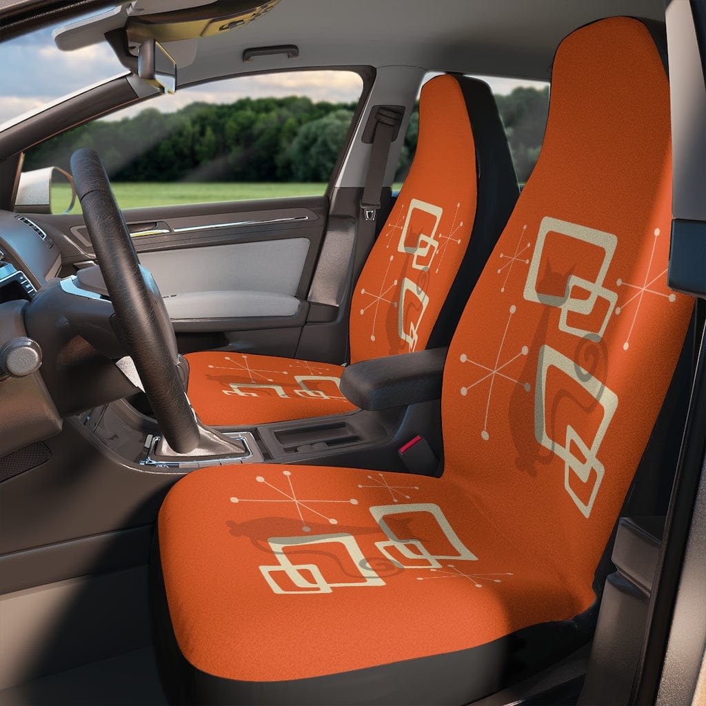 Mid Mod Atomic Cat, Black Cat Lovers, MCM, Retro Orange, Beige, Geometric Starburst, Mid Century Modern ,Car Seat Covers All Over Prints 48.03" × 18.50" / Black