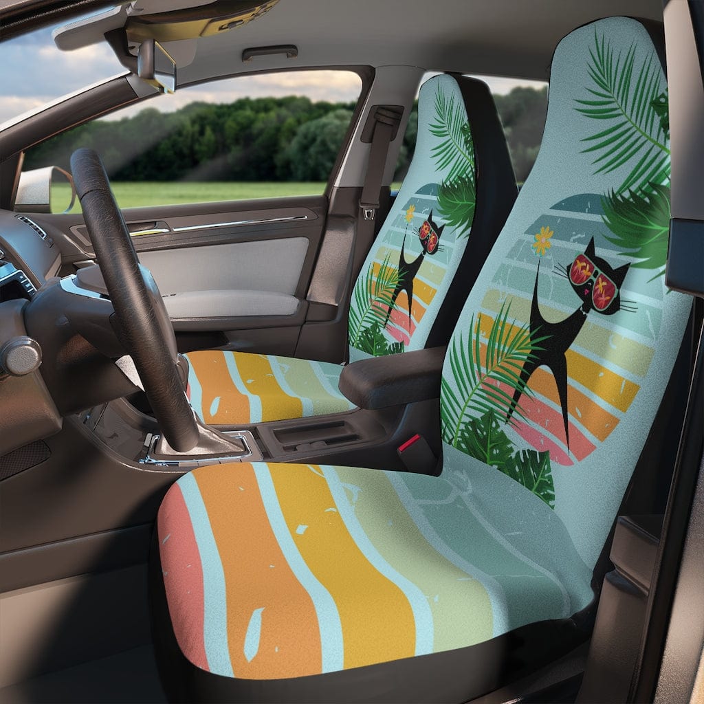 Mod Cat, Palm Spring, Cali, Florida, Tropical, Retro Groovy, Aqua, Pink, Mid Mod Car Seat Covers All Over Prints 48.03" × 18.50" / Black