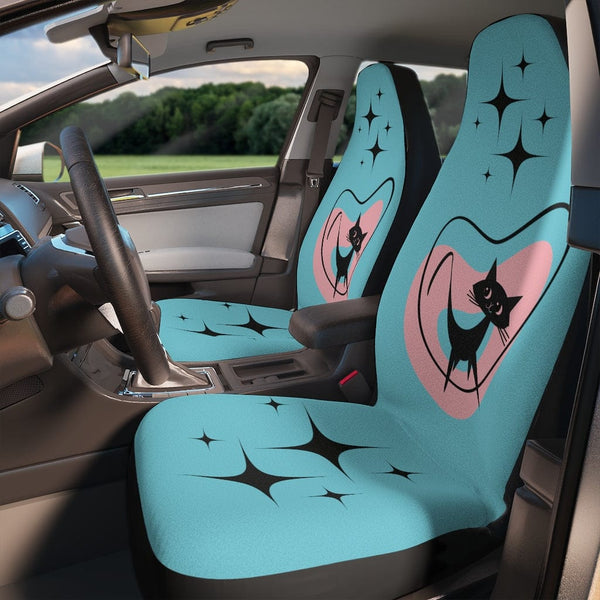 Retro Car Seat Covers, Atomic Aqua Blue, Mod Cat, Mid Century Modern Starburst, MCM Car Accessories