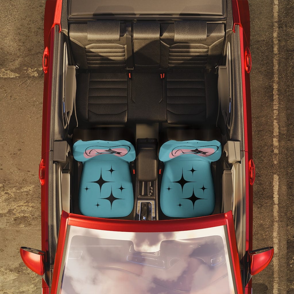Retro Car Seat Covers, Atomic Aqua Blue, Mod Cat, Mid Century Modern Starburst, MCM Car Accessories All Over Prints 48.03" × 18.50" / Black