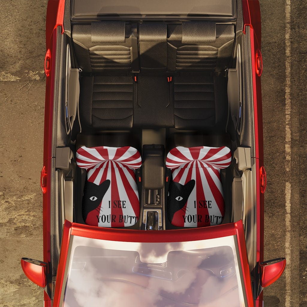 Retro Car Seat Covers, Red, Funny Mod Cat, I See Your Butt 48.03" × 18.50" / Black