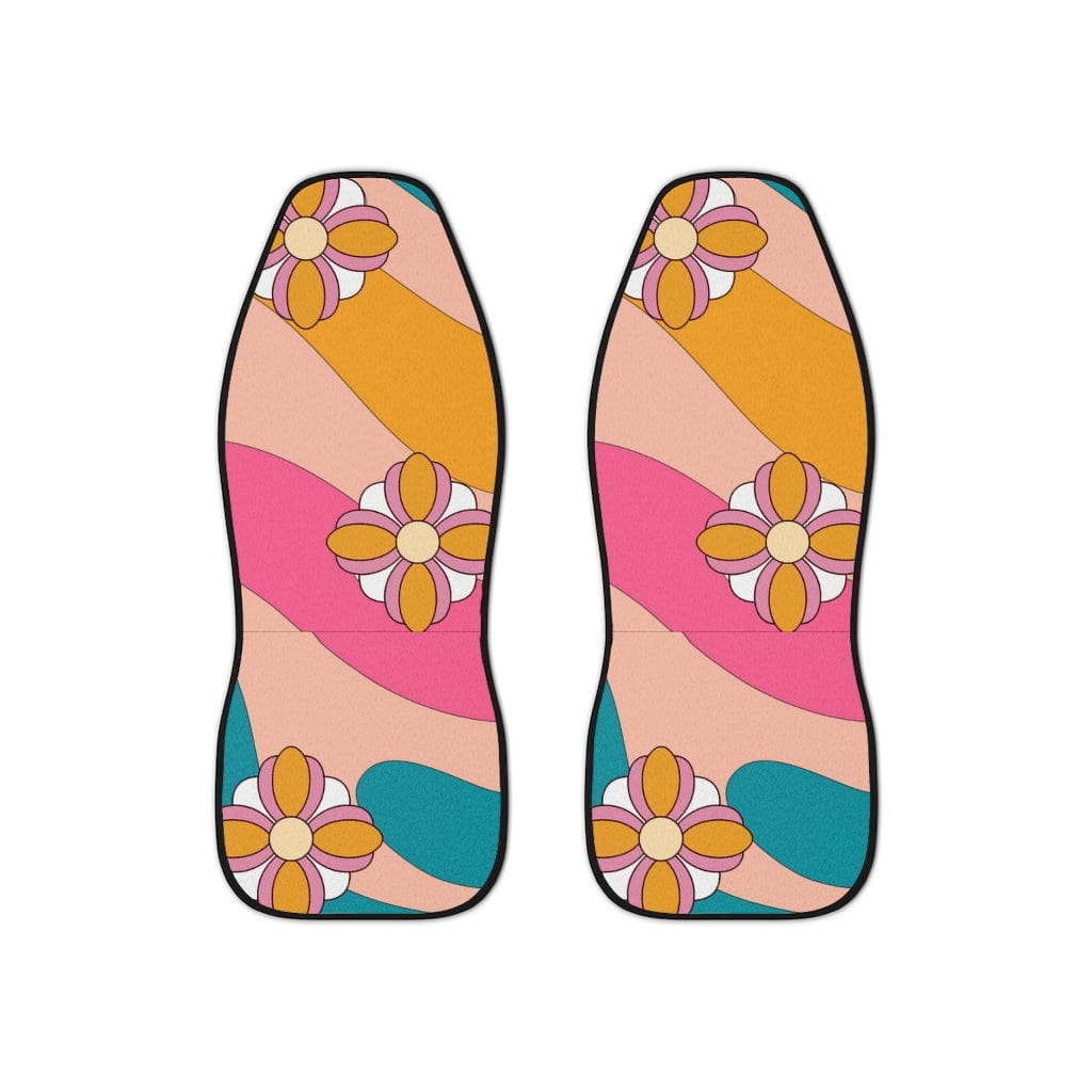 Retro Pink, 70's Flower Power, Teal, Yellow Groovy, Mid Mod, MCM Hipster, Hippie Car Seat Covers All Over Prints 48.03" × 18.50" / Black