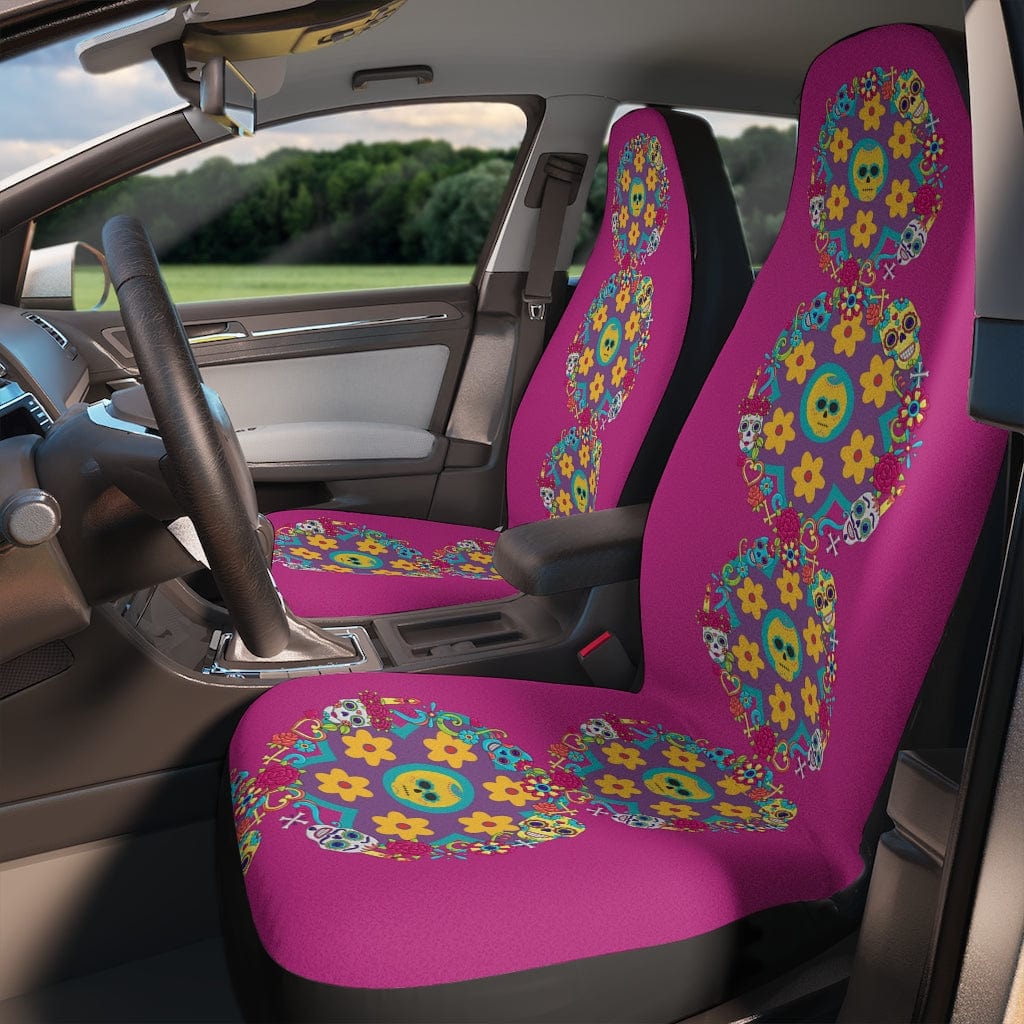 Sugar Skull Car Accessories, Car Seat Covers, Retro Flowers, Purple, Yellow, Blue Hipster Car All Over Prints 48.03" × 18.50" / Black