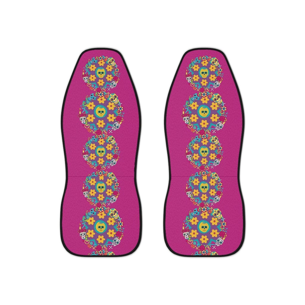 Sugar Skull Car Accessories, Car Seat Covers, Retro Flowers, Purple, Yellow, Blue Hipster Car All Over Prints 48.03" × 18.50" / Black