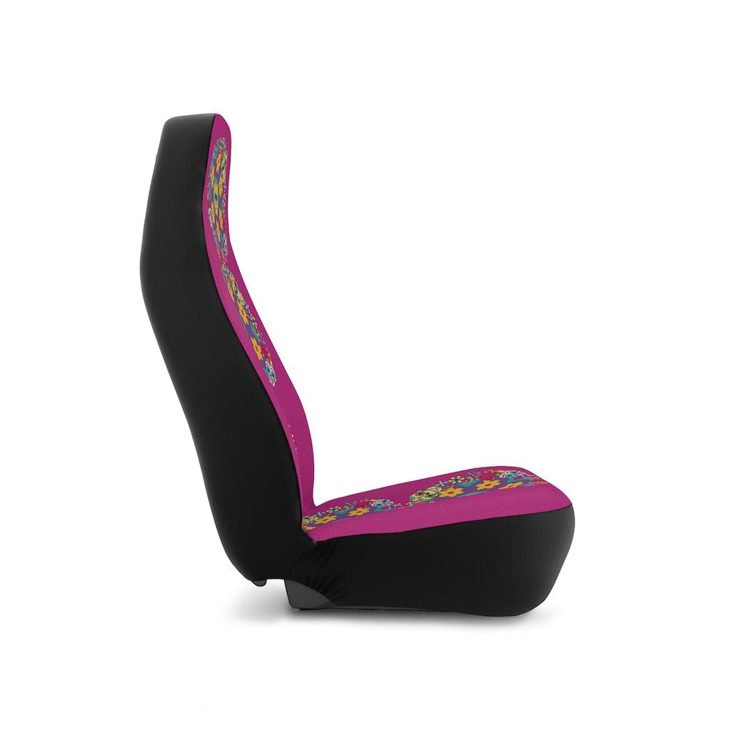 Sugar Skull Car Accessories, Car Seat Covers, Retro Flowers, Purple, Yellow, Blue Hipster Car All Over Prints 48.03" × 18.50" / Black