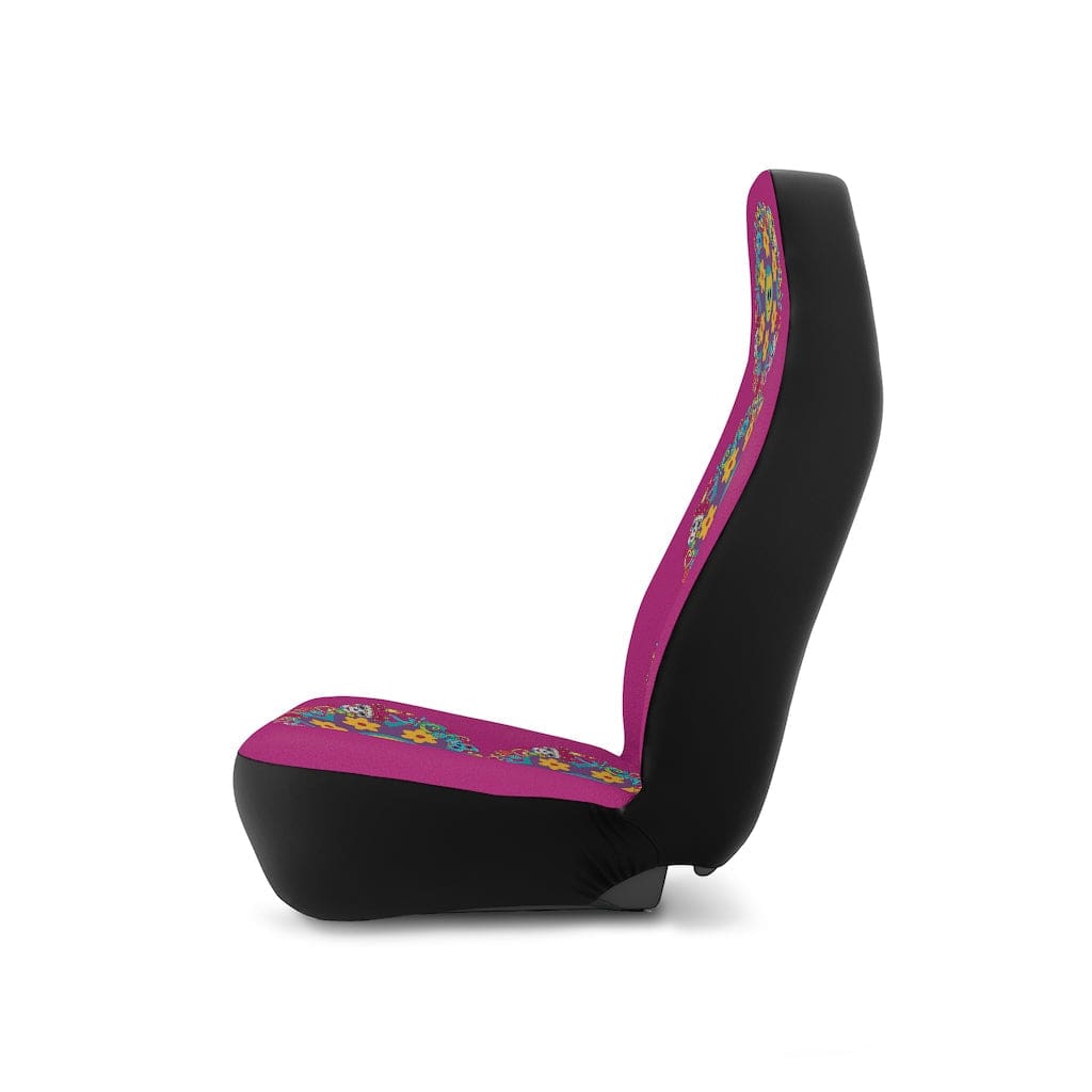 Sugar Skull Car Accessories, Car Seat Covers, Retro Flowers, Purple, Yellow, Blue Hipster Car All Over Prints 48.03" × 18.50" / Black