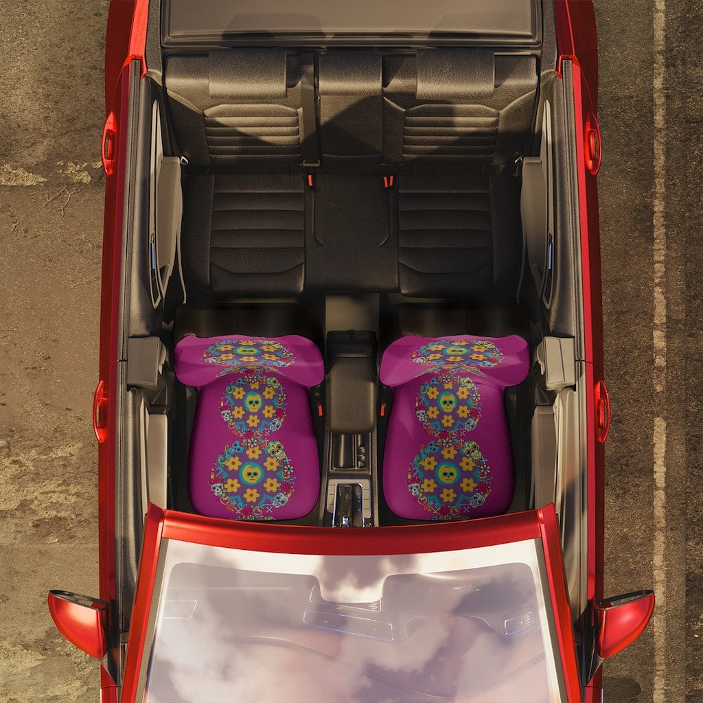 Sugar Skull Car Accessories, Car Seat Covers, Retro Flowers, Purple, Yellow, Blue Hipster Car All Over Prints 48.03" × 18.50" / Black