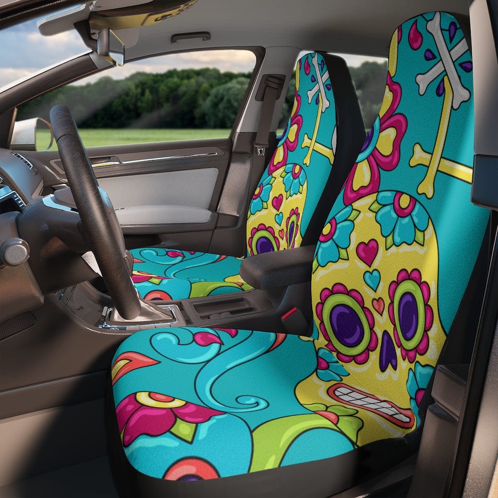Sugar Skull Car Seat Covers, Aqua Blue, Floral, Mid Mod Retro Flowers, Groovy Car Accessories All Over Prints 48.03" × 18.50" / Black