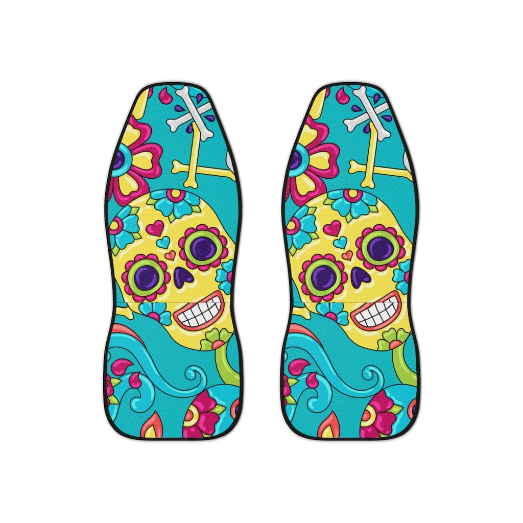 Sugar Skull Car Seat Covers, Aqua Blue, Floral, Mid Mod Retro Flowers, Groovy Car Accessories All Over Prints 48.03" × 18.50" / Black