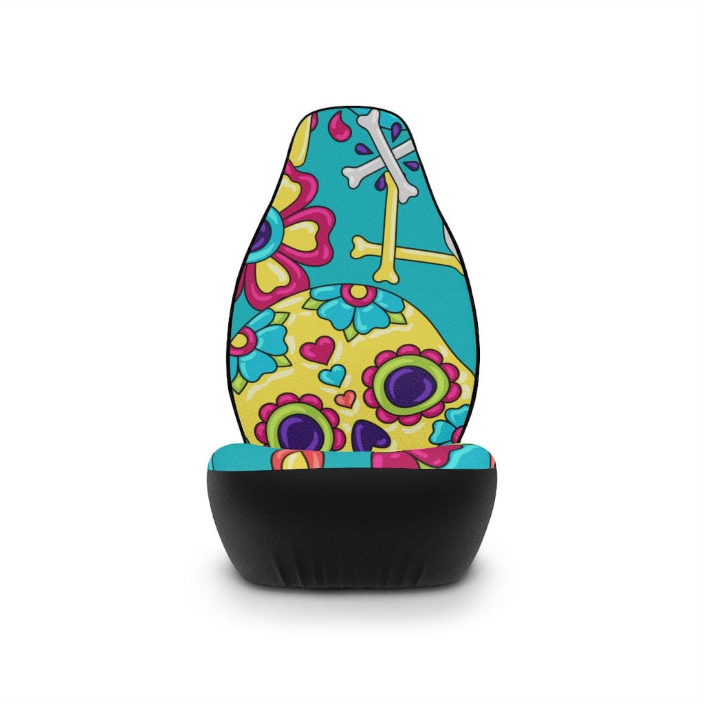 Sugar Skull Car Seat Covers, Aqua Blue, Floral, Mid Mod Retro Flowers, Groovy Car Accessories All Over Prints 48.03" × 18.50" / Black