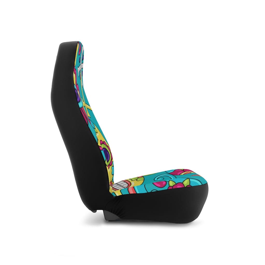 Sugar Skull Car Seat Covers, Aqua Blue, Floral, Mid Mod Retro Flowers, Groovy Car Accessories All Over Prints 48.03" × 18.50" / Black