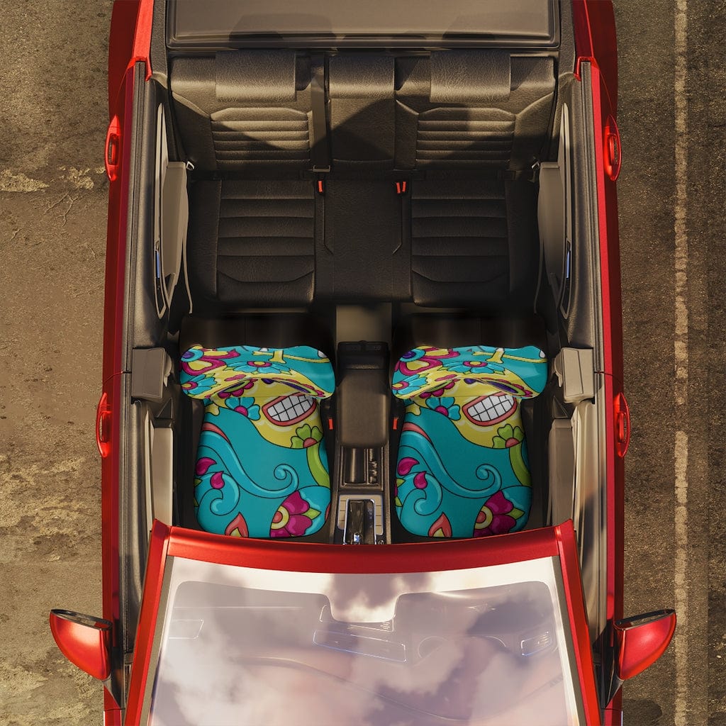 Sugar Skull Car Seat Covers, Aqua Blue, Floral, Mid Mod Retro Flowers, Groovy Car Accessories All Over Prints 48.03" × 18.50" / Black