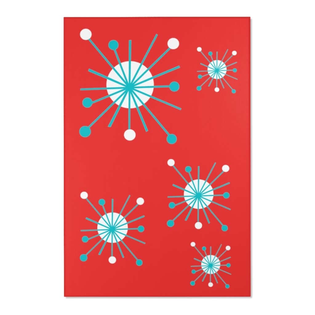 Atomic Astro Starburst Retro Red, Mid Century Modern Red, Aqua, White Atomic Age Area Rugs Home Decor 48" × 72"