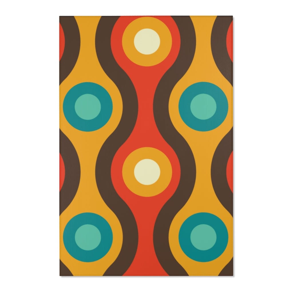 Mid Century Modern Retro Rug, Chocolate Brown, Turquoise Blue, Mustard Yellow Groovy Hipster 1970&