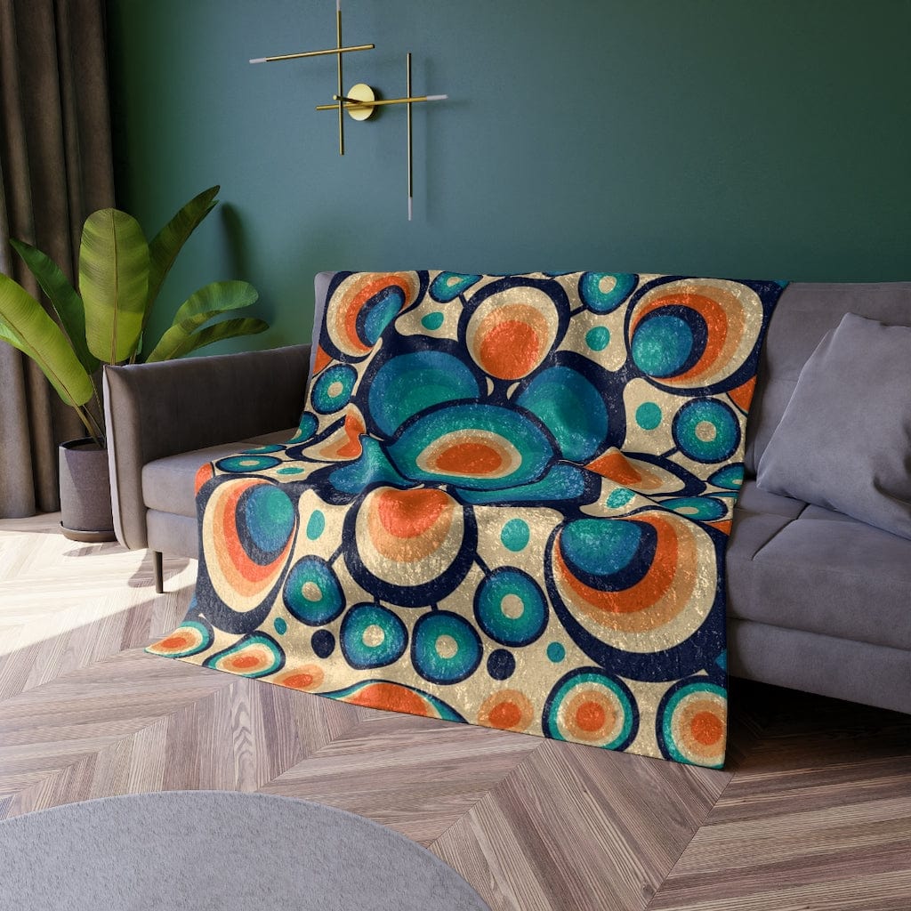 60's 70's Retro Bedding, Blue, Teal, Orange, Geometric Orbs, Mid Mod Home Decor Crushed Velvet Blanket 50" × 60"