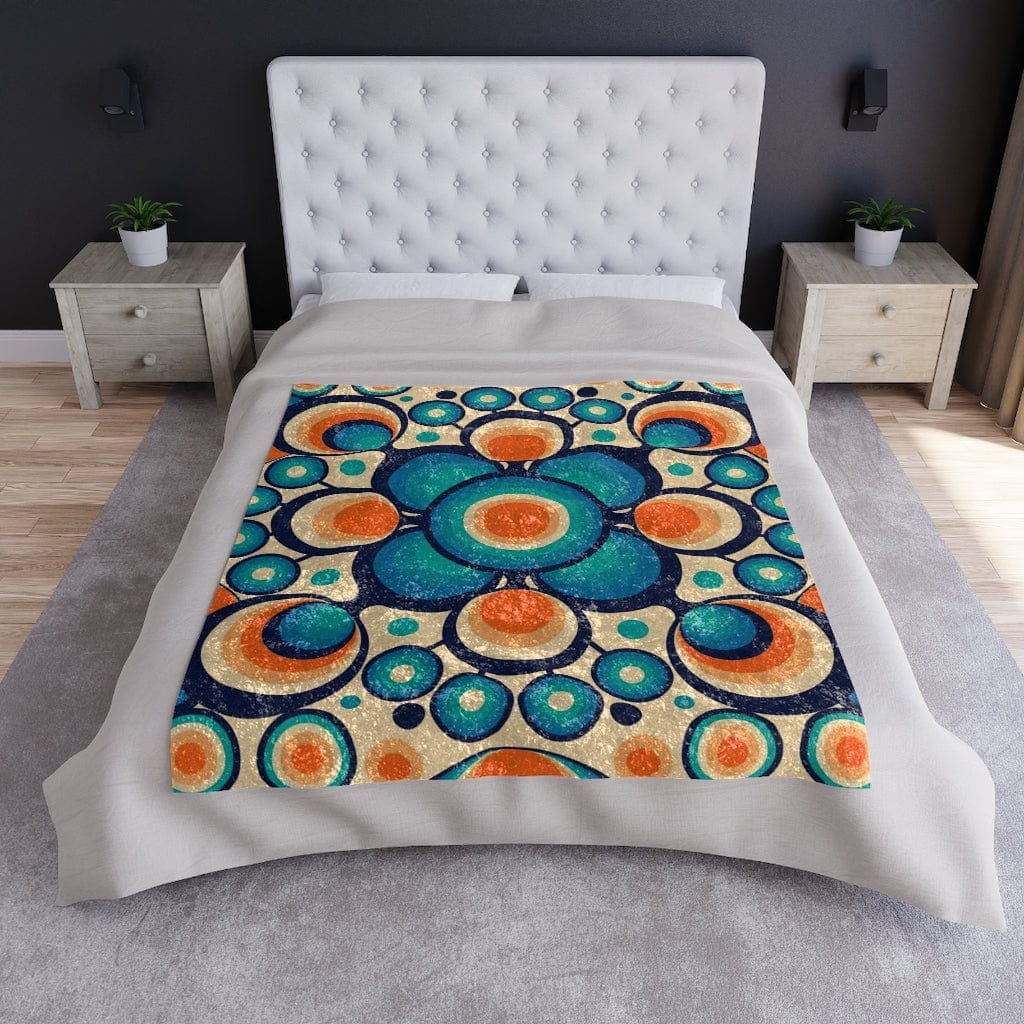 60's 70's Retro Bedding, Blue, Teal, Orange, Geometric Orbs, Mid Mod Home Decor Crushed Velvet Blanket 50" × 60"
