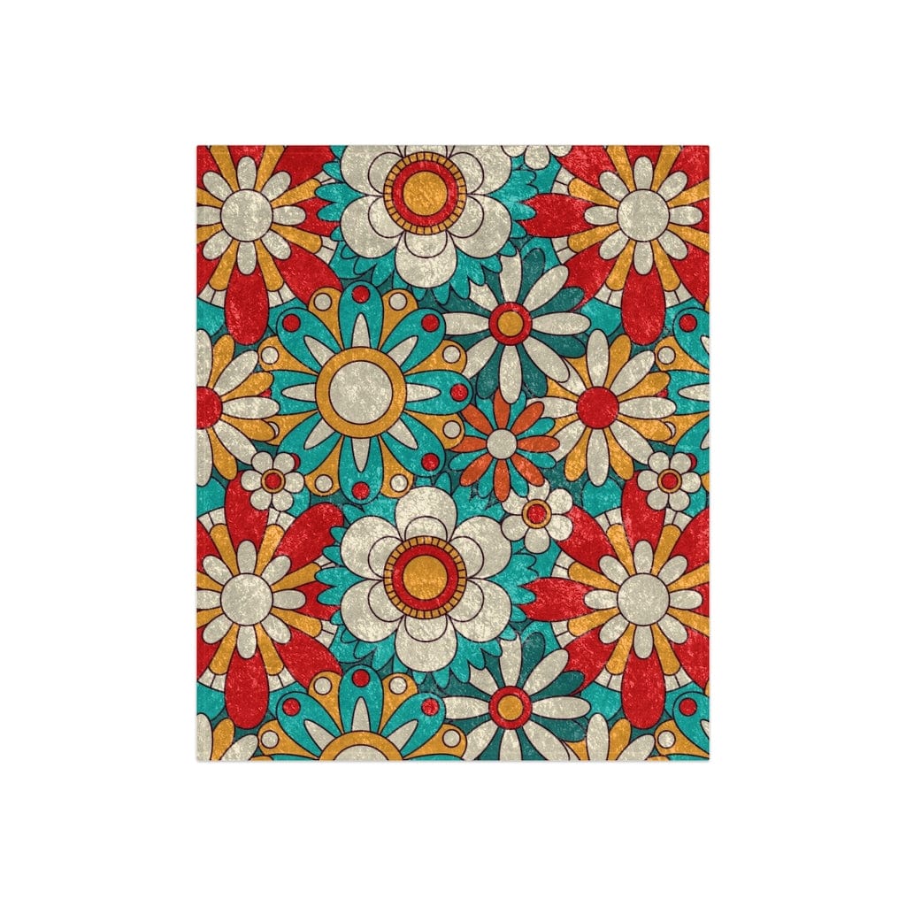 70's Flower Power, Teal, Coral Red,Yellow, Groovy Vibes, Retro Crushed Velvet Blanket Mid Mod Home Decor Home Decor 50" × 60"