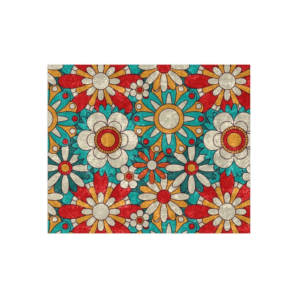 70's Flower Power, Teal, Coral Red,Yellow, Groovy Vibes, Retro Crushed Velvet Blanket Mid Mod Home Decor Home Decor 50" × 60"