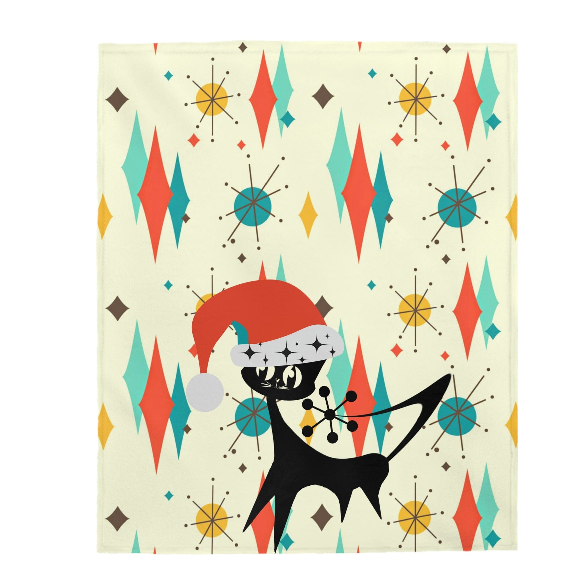 Atomic Cat Christmas Holiday Seasonal Atomic Starburst Diamond Retro Mid Century Modern, Teal, Turquoise, Burnt Red Velveteen Plush Blanket All Over Prints 50" ร 60"