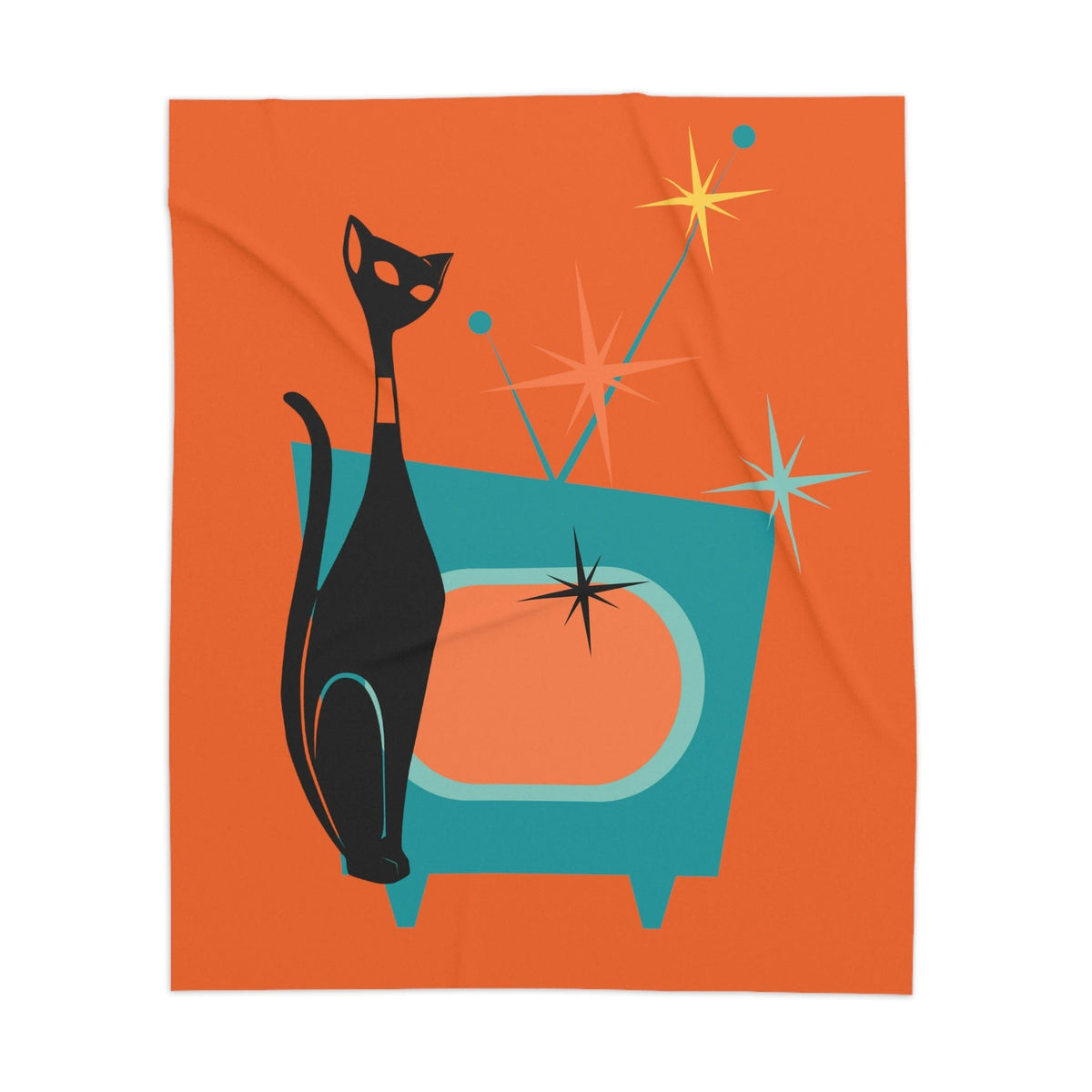 Atomic Cat, Mid Century Modern, Bold Orange, Sputnik Diamonds, Retro TV Kitschy MOD Sherpa Blanket Home Decor 50" × 60"