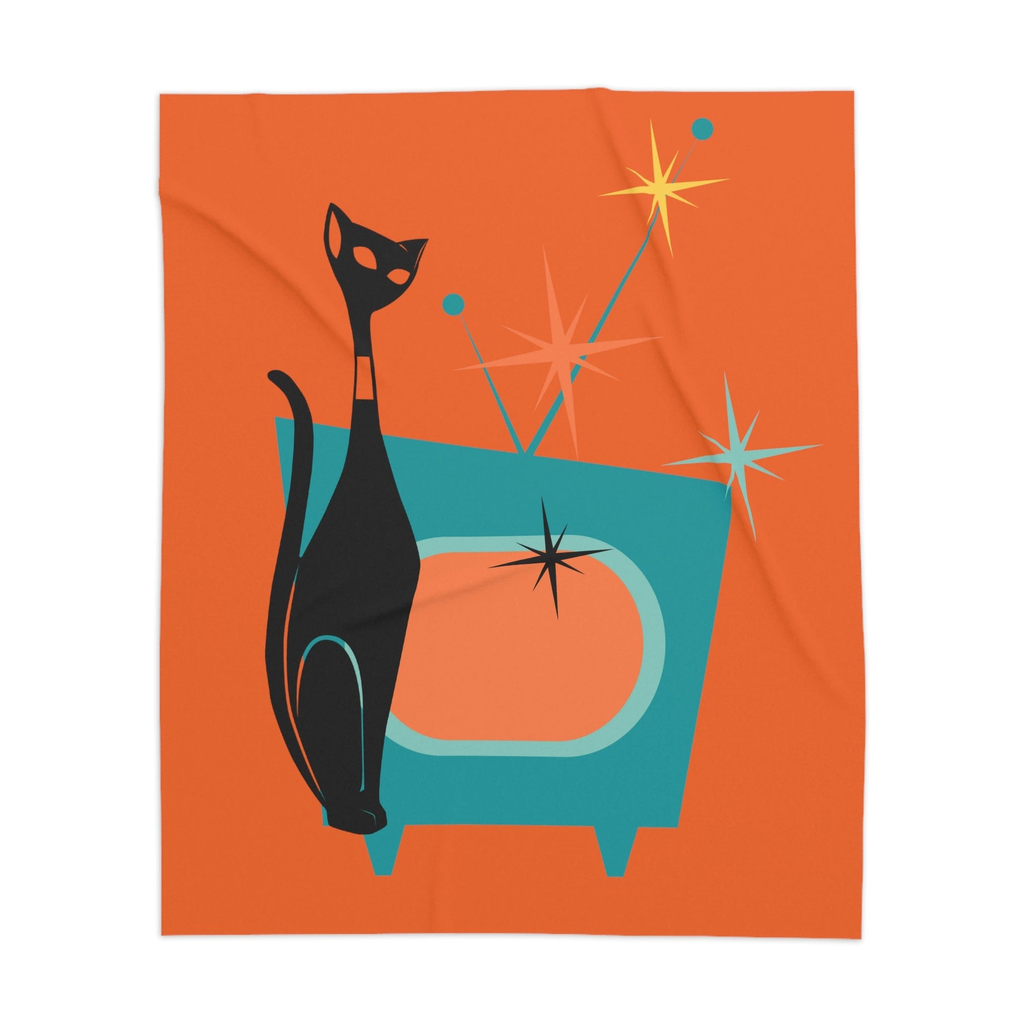 Atomic Cat, Mid Century Modern, Bold Orange, Sputnik Diamonds, Retro TV Kitschy MOD Sherpa Blanket Home Decor 50" × 60"