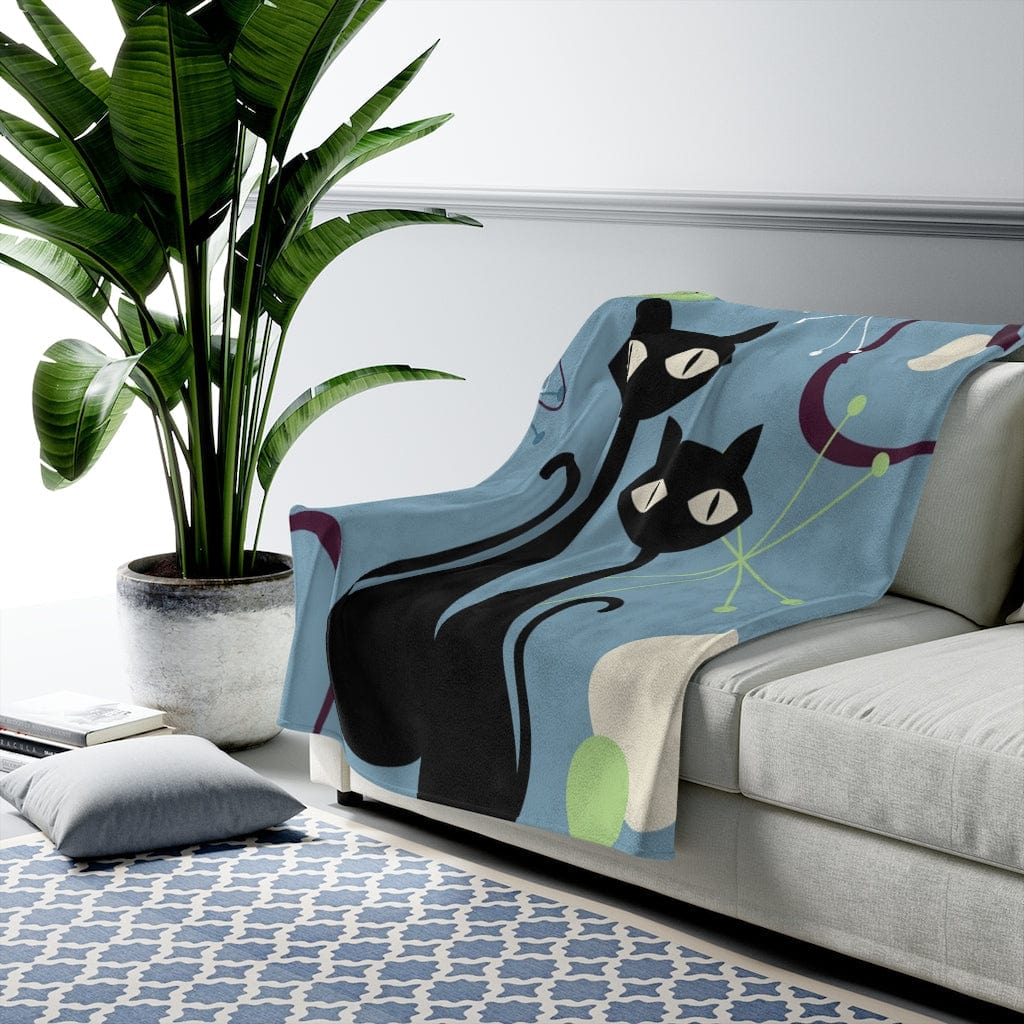 MCM Atomic Cat, Atomic Boomerang, Him and Her Mid Century Modern THIN Velveteen Cozy Warm Blanket Gift All Over Prints 50" × 60"