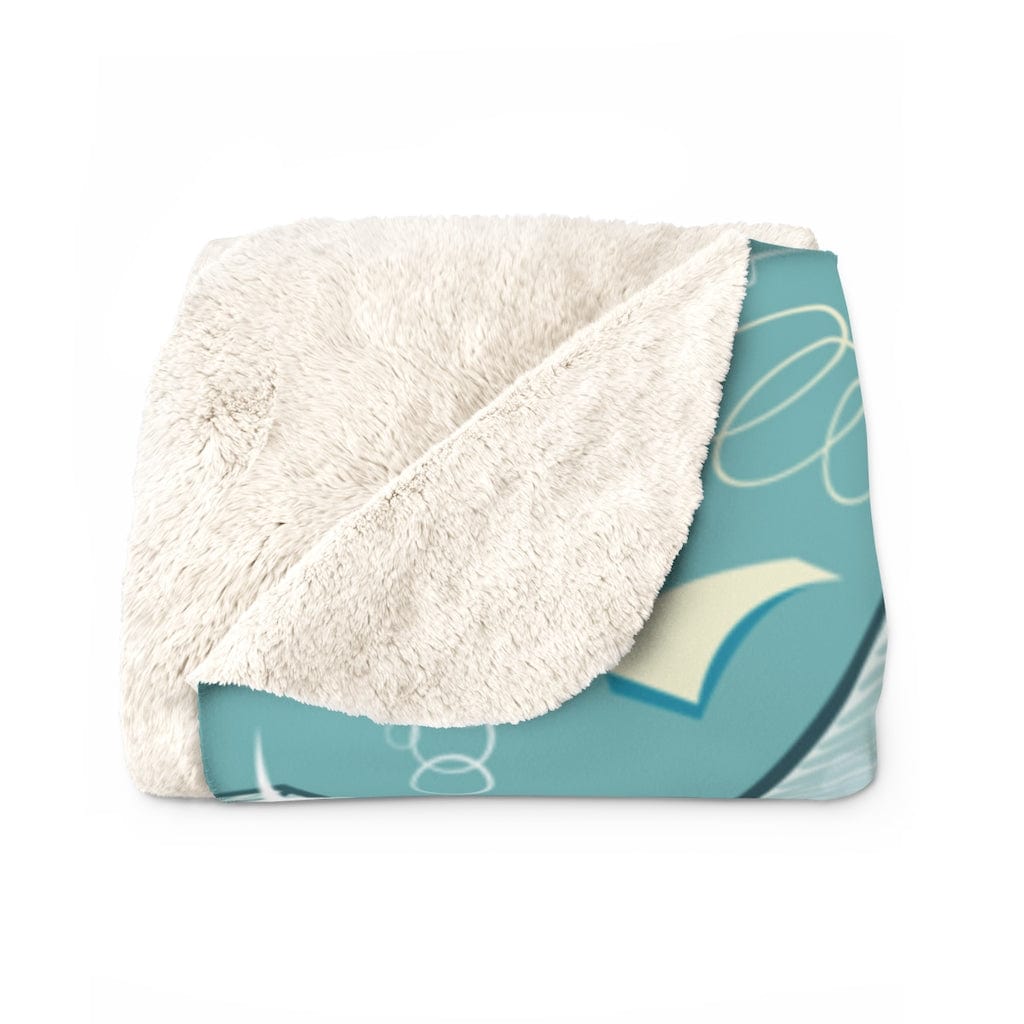 Mid Century Modern, Atomic 1950's Retro Martini Cocktail Aqua Blue Sherpa Fleece Blanket Home Decor 50" × 60"