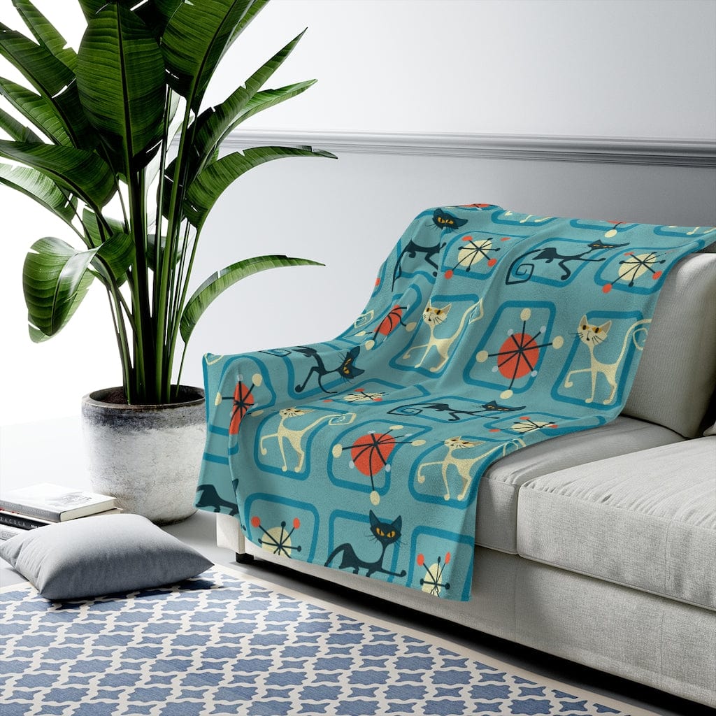 Mid Century Modern Atomic Cat, Denim Blue, Geometric, Abstract THIN Velveteen Plush Blanket All Over Prints 50" × 60"