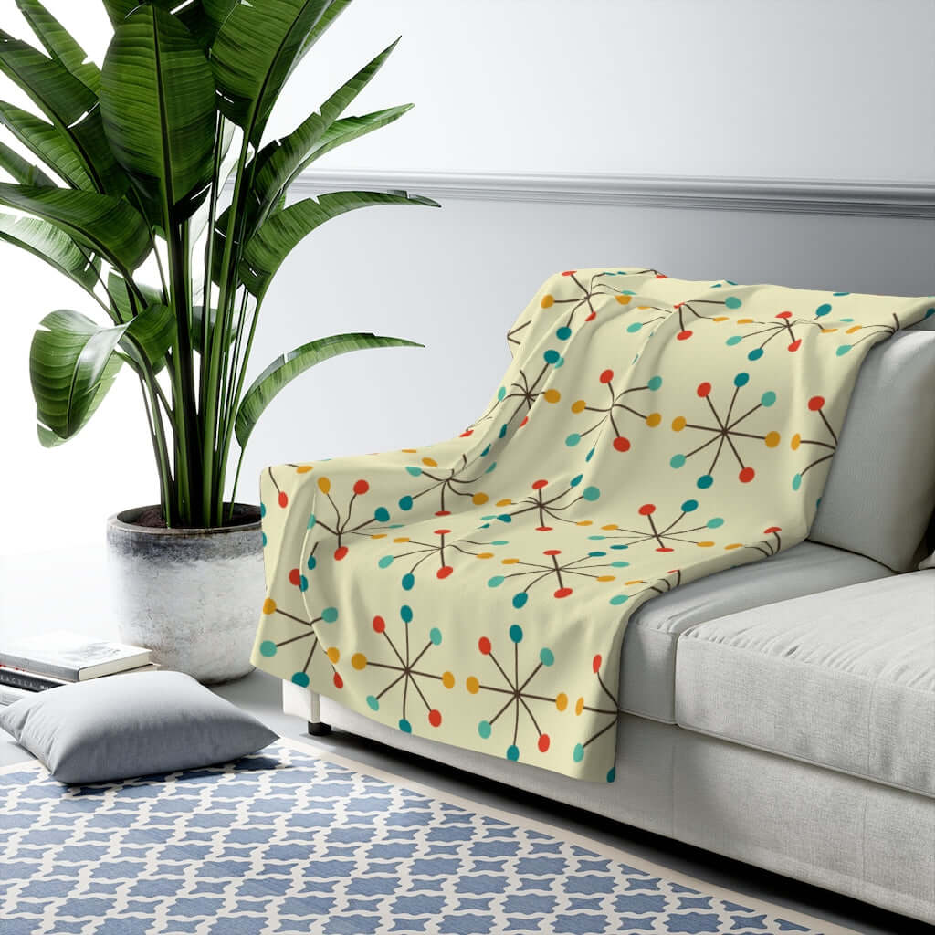 Mid Century Modern Atomic Clock Retro Color Sherpa Fleece Blanket Home Decor 50" × 60"