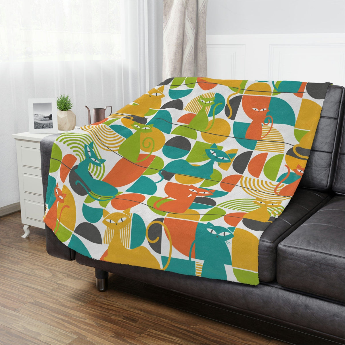 Mid Century Modern Blanket, Atomic Kitties, Geometric, Bold, Colorful, Orange, Teal, Yellow, Funky Fun, Kitsch Retro Bedroom, Office, Minky Blanket Home Decor 50" × 60"