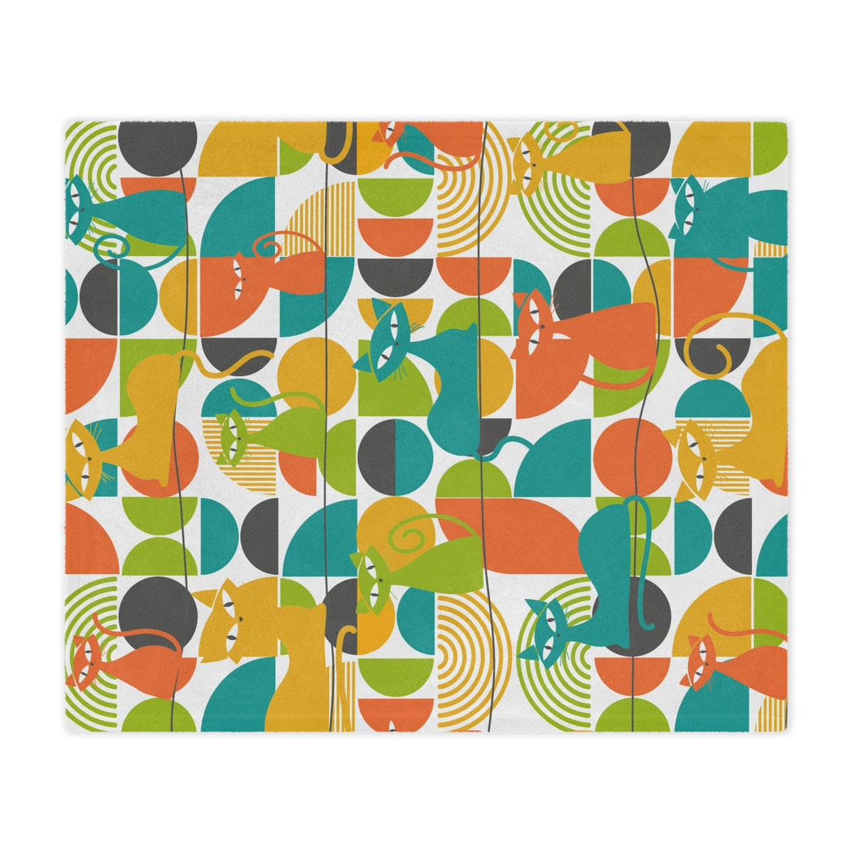Mid Century Modern Blanket, Atomic Kitties, Geometric, Bold, Colorful, Orange, Teal, Yellow, Funky Fun, Kitsch Retro Bedroom, Office, Minky Blanket Home Decor 50" × 60"