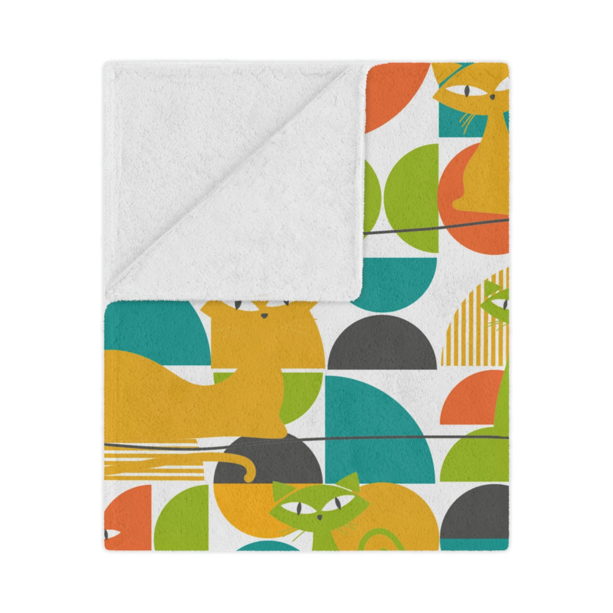 Mid Century Modern Blanket, Atomic Kitties, Geometric, Bold, Colorful, Orange, Teal, Yellow, Funky Fun, Kitsch Retro Bedroom, Office, Minky Blanket Home Decor 50" × 60"