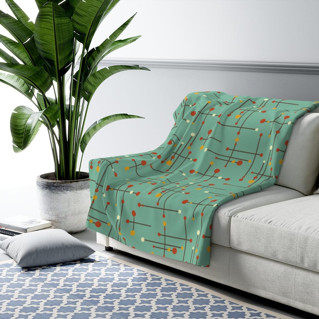 Mid Century Modern Blue Grass Mint Green Mustard Yellow and hints of Burnt Orange Sherpa Fleece Blanket Home Decor 50" × 60"