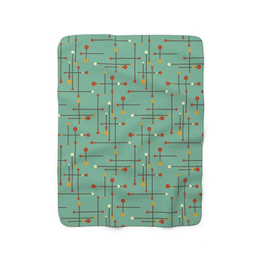 Mid Century Modern Blue Grass Mint Green Mustard Yellow and hints of Burnt Orange Sherpa Fleece Blanket Home Decor 50" × 60"