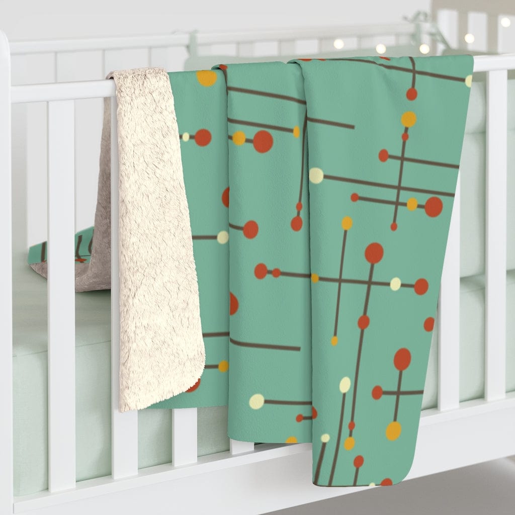 Mid Century Modern Blue Grass Mint Green Mustard Yellow and hints of Burnt Orange Sherpa Fleece Blanket Home Decor 50" × 60"