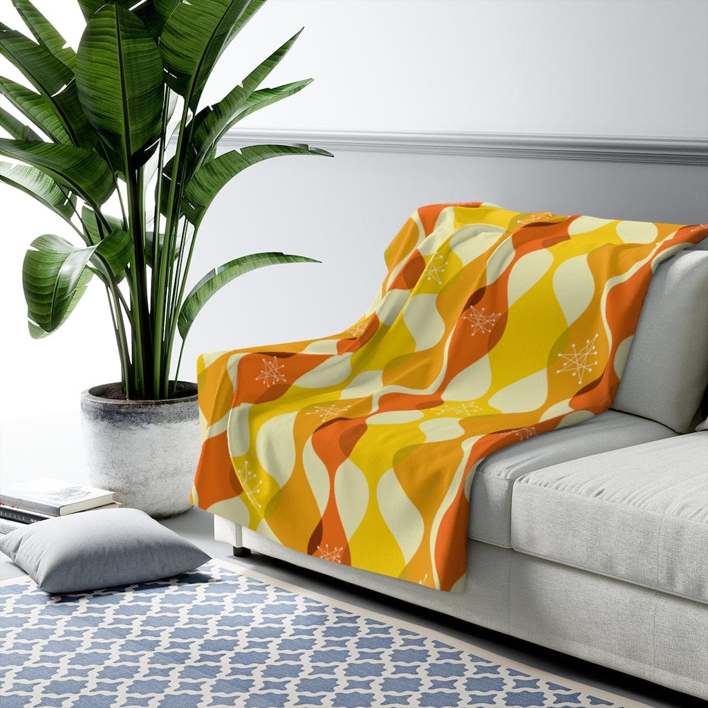 Mid Century Modern Geometric, Yellow, Orange, Retro Mid Mod Atomic Living MCM Home Decor Cozy Sherpa Fleece Blanket Home Decor 50" × 60"