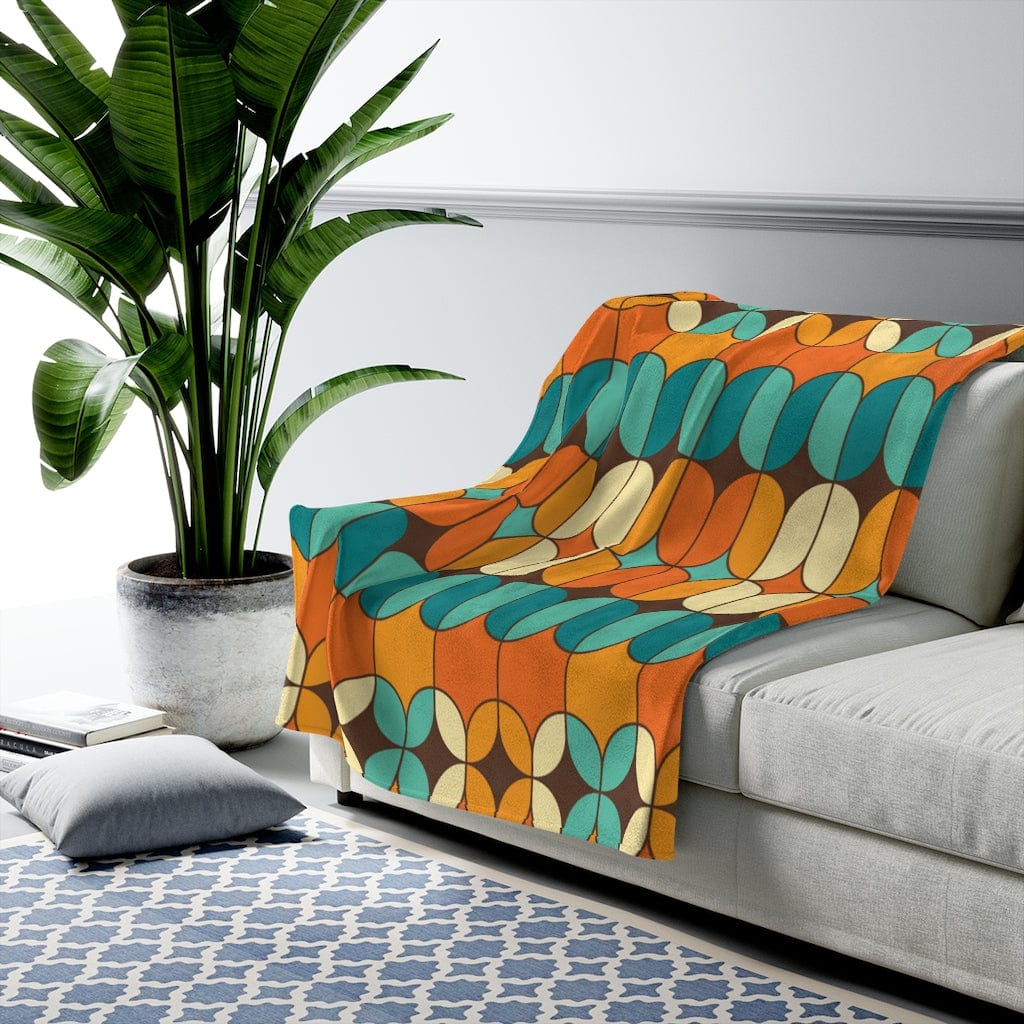 Mid Century Modern Mid Mod, MCM Retro Orange, Teal Cream, Mustard, Groovy THIN Velveteen Plush Blanket All Over Prints 50" × 60"