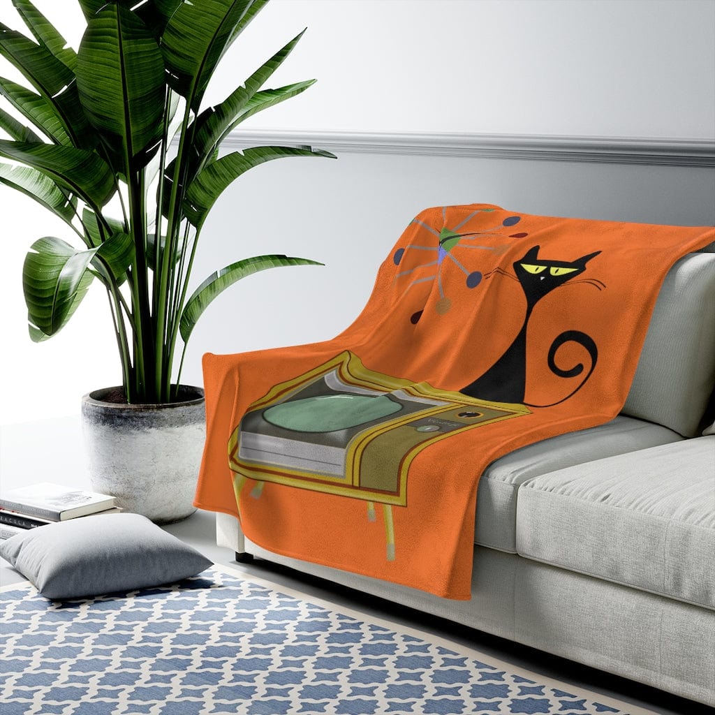 Mid Century Modern TV, Atomic Cat And Retro Starburst Clock THIN Velveteen Throw Blanket All Over Prints 50" × 60"