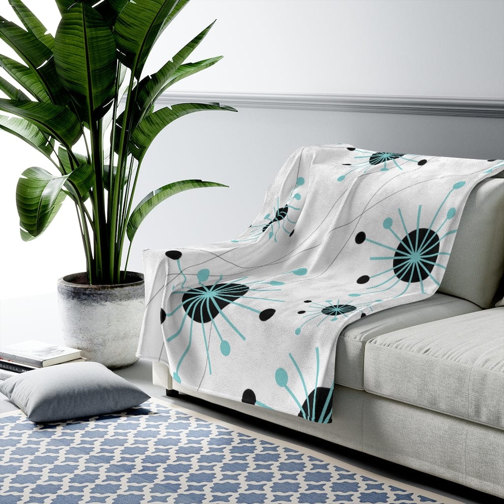 Mid Century Modern White Franciscan Starburst, Aqua, Black THIN MID Mod Vintage Retro Velveteen Plush Blanket All Over Prints 50" × 60"