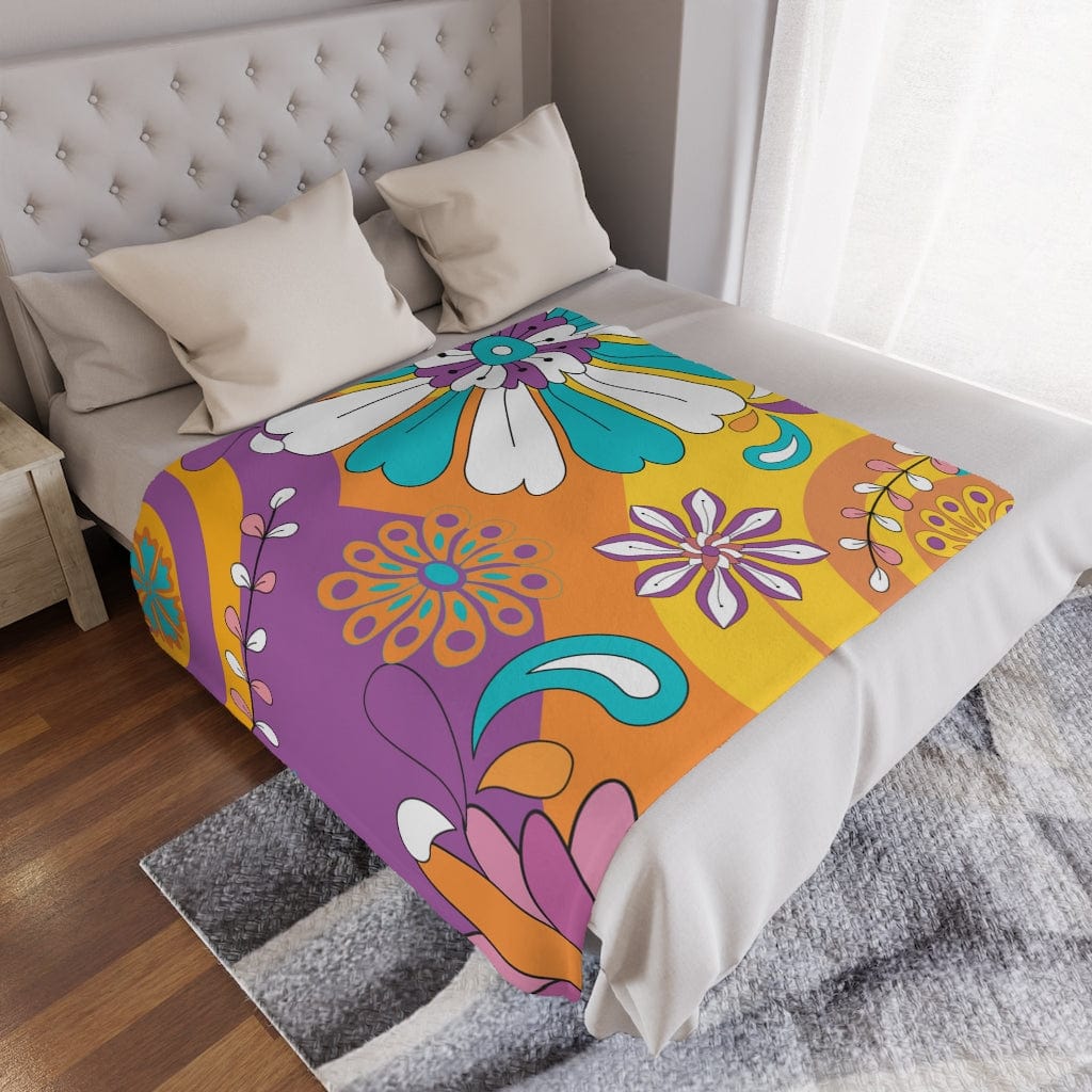 Retro 60's 70's, Groovy, Purple, Aqua, Orange, Hippie Flowers, Hipster Mid Mod Minky Soft Blanket Home Decor 50" × 60"