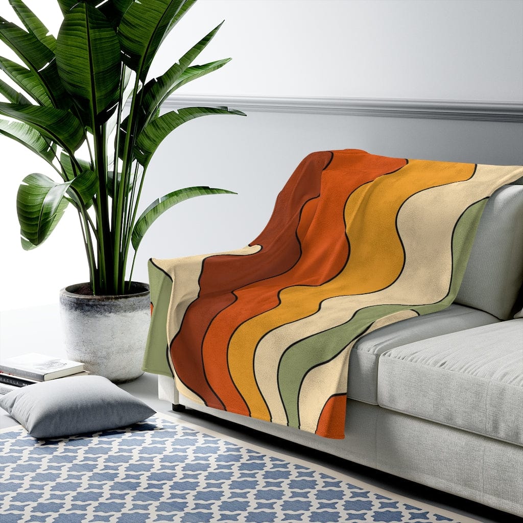 Retro Throw Blanket, Bohemian Bedding, Groovy 70s Blanket, Yellow, Rust, Green Velveteen THIN Cozy Blanket All Over Prints 50" × 60"