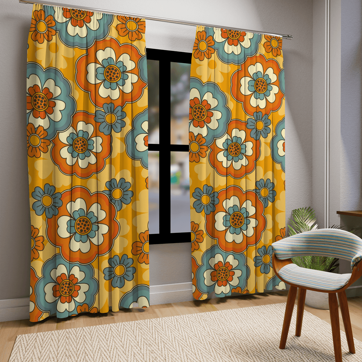 60's 70's Custom Vintage Style, Orange, Teal, Burnt Mustard Yellow, Groovy Flower Power Home Decor Curtains