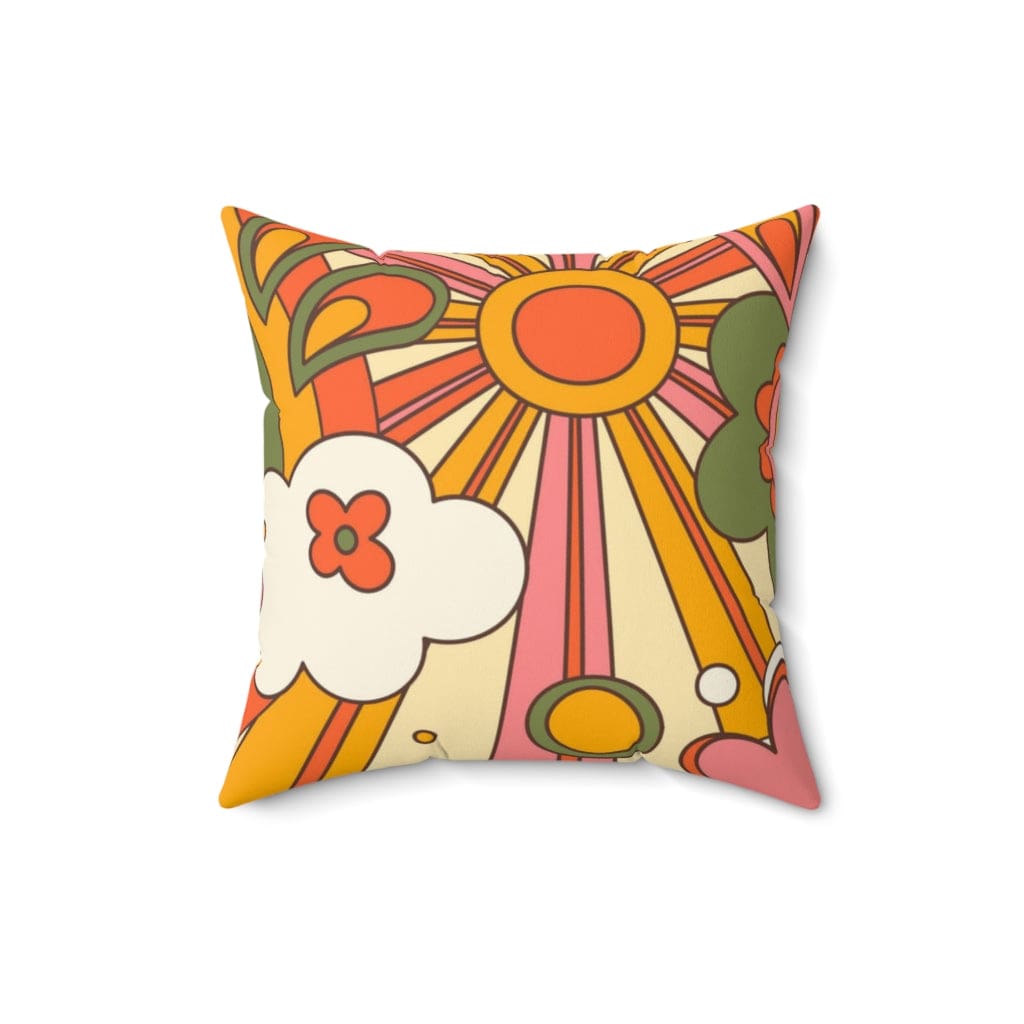 60's 70's Groovy Sun, Flower Power, Hippie, Groovy Vibes, Orange, Yellow, Green Spun Polyester Square Pillow Home Decor