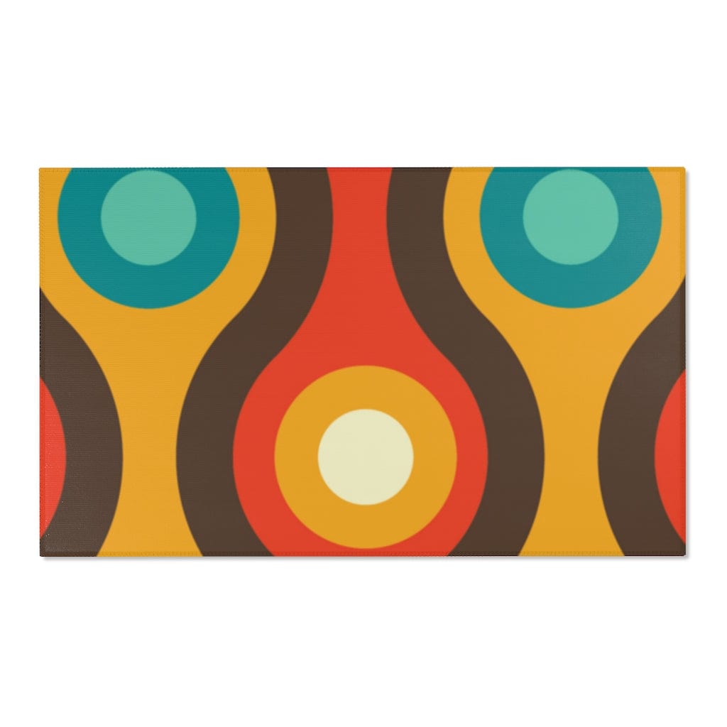 Mid Century Modern Retro Rug, Chocolate Brown, Turquoise Blue, Mustard Yellow Groovy Hipster 1970&
