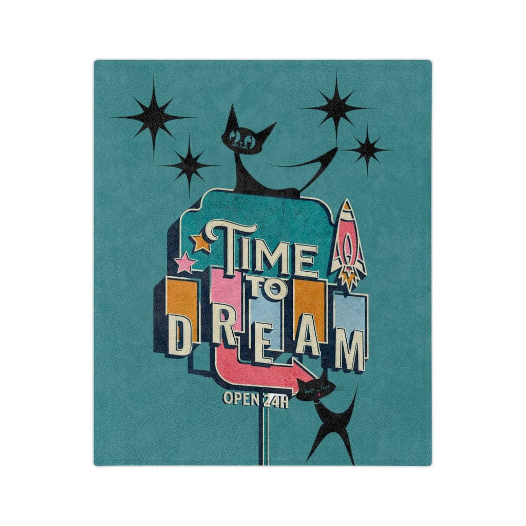 Atomic Kitty, Retro Time To Dream, Mid Mod Retro, Mid Century Modern, Turquoise, Pink, Starburst MCM Minky Velveteen Blanket Home Decor 60" × 50"