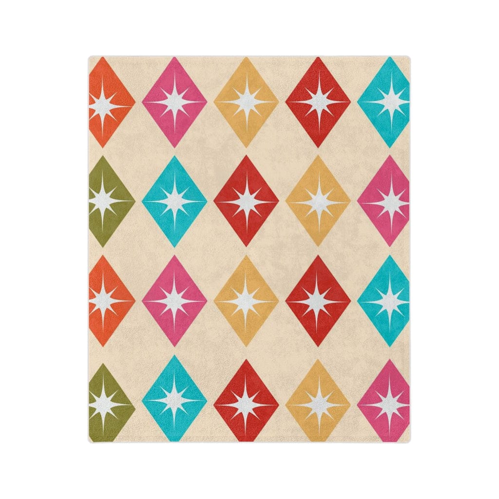 Mid Century Modern, Retro Harlequin Diamonds, Hot Pink, Yellow, Orange, Verde Green, Turquoise Blue Beige MCM Velveteen Minky Blanket Home Decor 60" × 50"