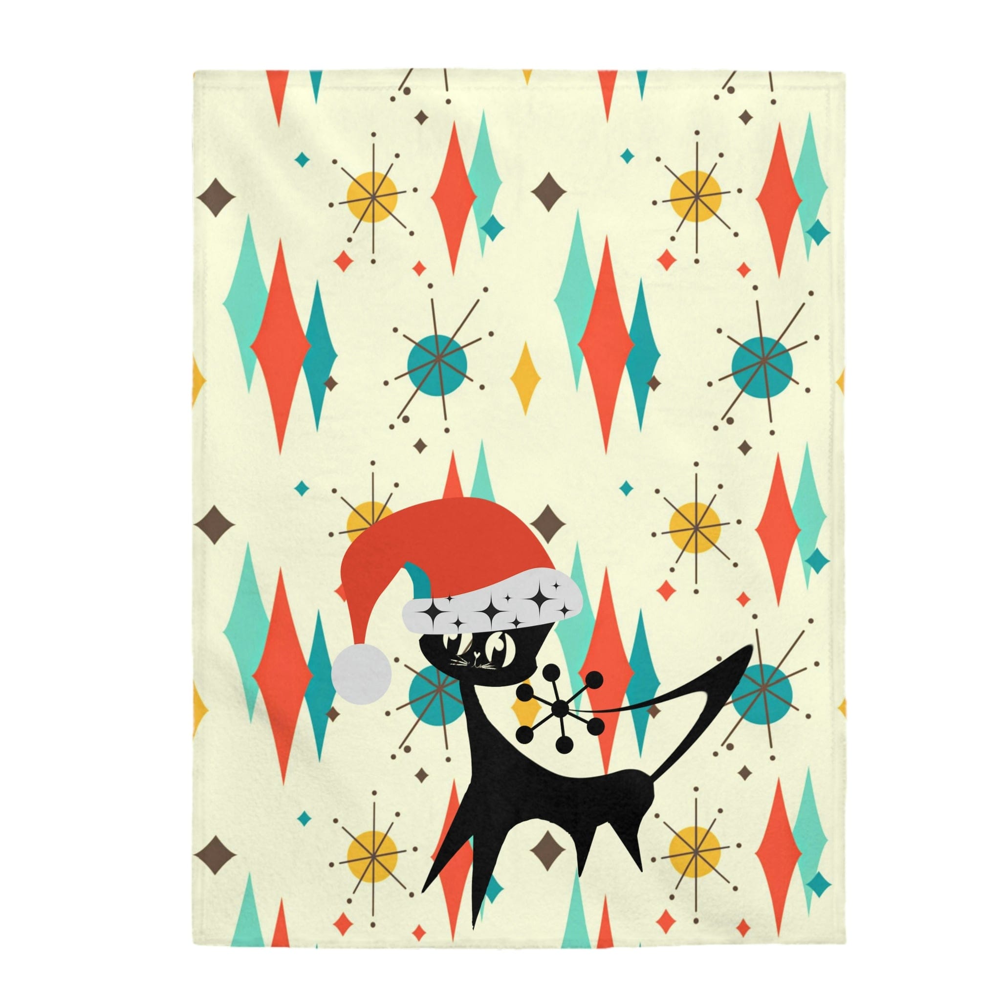 Atomic Cat Christmas Holiday Seasonal Atomic Starburst Diamond Retro Mid Century Modern, Teal, Turquoise, Burnt Red Velveteen Plush Blanket All Over Prints 60" ร 80"