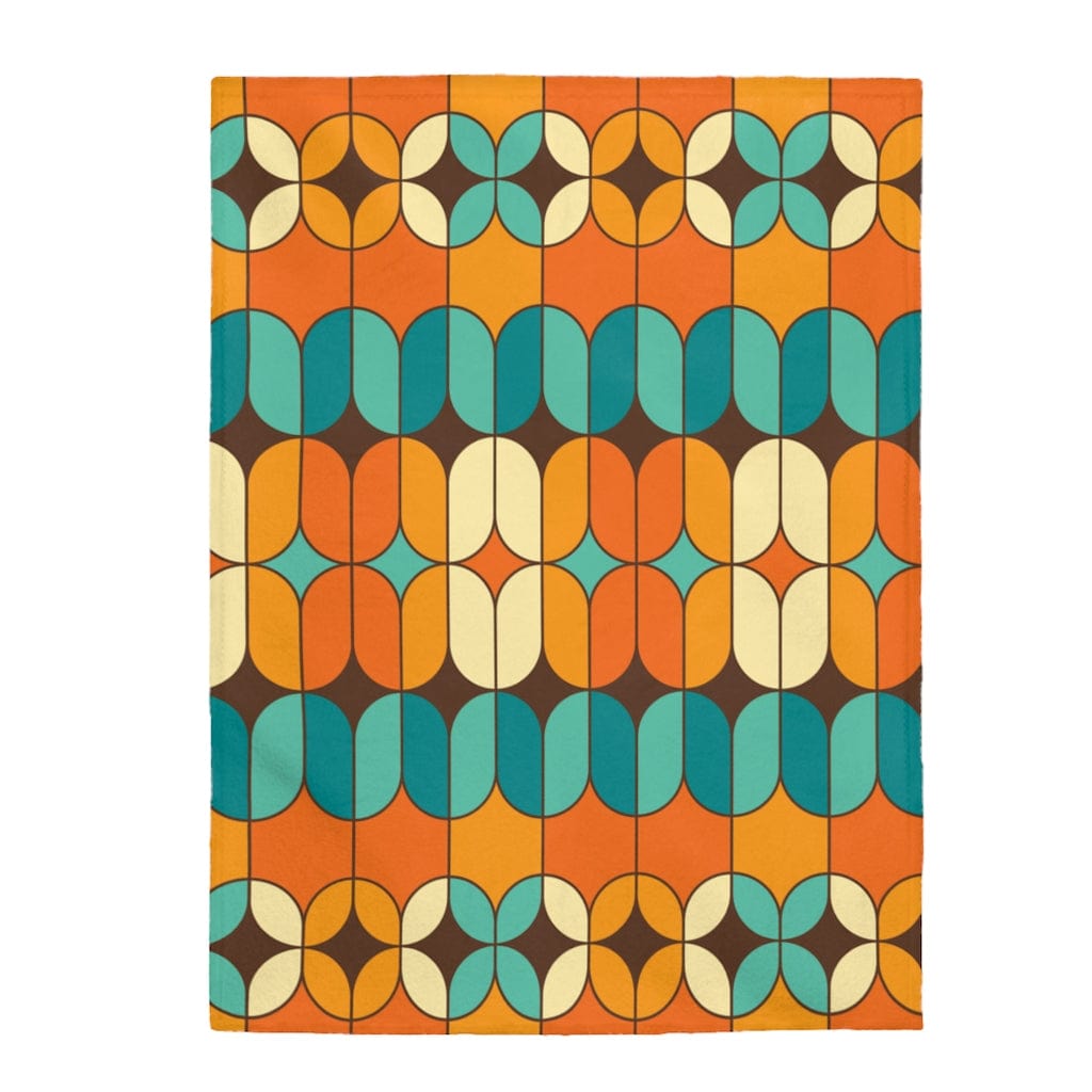 Mid Century Modern Mid Mod, MCM Retro Orange, Teal Cream, Mustard, Groovy THIN Velveteen Plush Blanket All Over Prints 60" × 80"